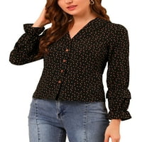 Benzersiz Pazarlık kadın Kalp Polka Dots Düğme Up Uzun Kollu Bluz Gömlek
