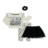 Snoopy Bebek ve Yürümeye Başlayan Kız Üst, Tutu Etek, Tayt ve Scrunchie Kıyafet Seti, 4 Parça, Months-5T