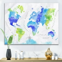 Designart 'Dünya Haritası Mavi ve Yeşil' Modern Tuval Duvar Sanatı Baskı