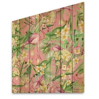 Designart 'Sarı Çiçekler, Flamingo III ile Tropikal Yapraklar' Doğal Çam Ağacına Modern Baskı