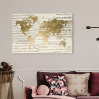 Pist Avenue Haritalar ve Bayraklar Duvar Sanatı Tuval Baskılar 'Mapamundi Musicale Light' Dünya Haritaları-Altın,