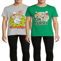 Tom ve Jerry Noel erkek ve Büyük erkek Noel Baba Şapkası ve Çelenk Grafik T-Shirt, 2'lipaket