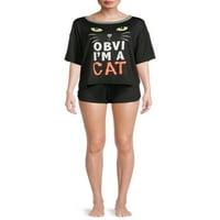 Kedi kadın ve kadın Artı Cadılar Bayramı Kısa Kollu Tişört ve Pijama Kısa Seti, 2 adet